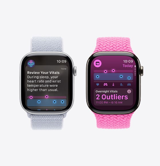 Преглед на известието за жизнени показатели на Apple Watch Series 10 и Vitals приложението, което показва жизнените показатели за една нощ с две отклонения на Apple Watch Series 10.