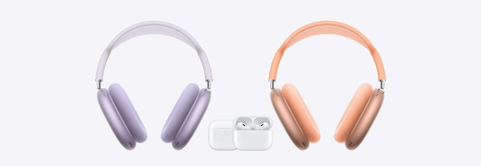 AirPods Max вляво и вдясно с AirPods 4 и AirPods Pro 2 по средата.