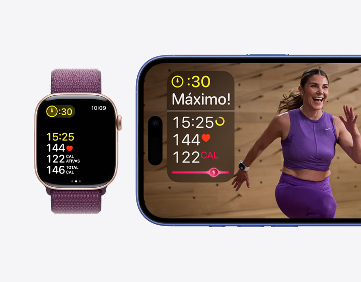Um iPhone mostrando um treino do Apple Fitness Plus com informações de tempo, frequência cardíaca e queima de calorias ao lado de um Apple Watch Series 10 mostrando as mesmas informações no Apple Fitness Plus.