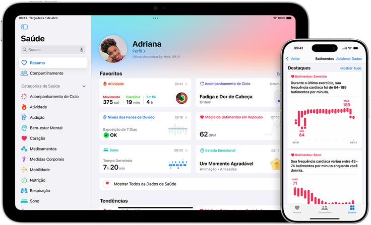 Uma tela mostra os Favoritos na seção Resumo do app Saúde, ao lado está outra tela mostrando os Destaques de Batimentos no app Saúde