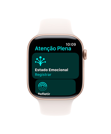 A tela de um Apple Watch Series 10 com pulseira esportiva branca mostra o app Atenção Plena com a opção para registrar o estado emocional