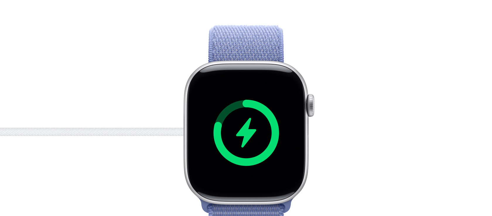 L’état de charge d’une Apple Watch Series 10 posée sur un chargeur magnétique.
