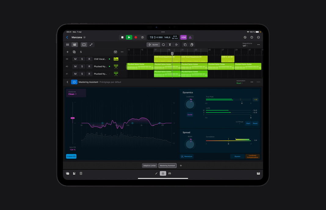 Un iPad Pro affichant les filtres pour la recherche dans tous les sons de Logic Pro pour iPad.