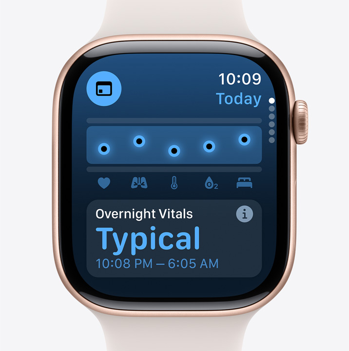 Aplikace Životní funkce na Apple Watch Series 10, kde jsou vidět typická data nashromážděná za noc.