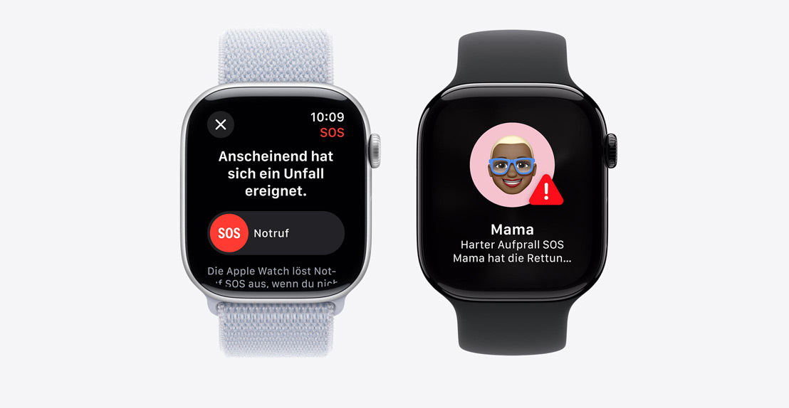 Zwei Apple Watch Series 10. Die erste zeigt eine Unfallerkennung Mitteilung mit einem Notruf Schieberegler. Die zweite zeigt eine Mitteilung, dass „Mama“ schwer gestürzt ist und den Notdienst gerufen hat.