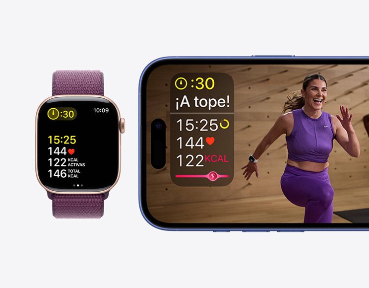 Un iPhone muestra un entreno de Apple Fitness+ con el tiempo, la frecuencia cardiaca y las calorías quemadas al lado de un Apple Watch Series 10 que muestra los mismos datos.