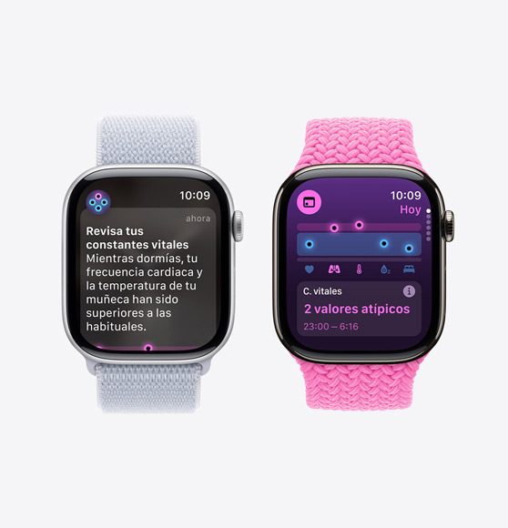 Un Apple Watch Series 10 muestra una notificación en la que se recomienda consultar las constantes vitales, y otro muestra las constantes vitales nocturnas con dos valores atípicos.