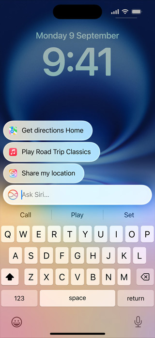 Een iPhone waarop het vernieuwde Siri wordt weergegeven. De gebruiker typt vragen aan Siri.
