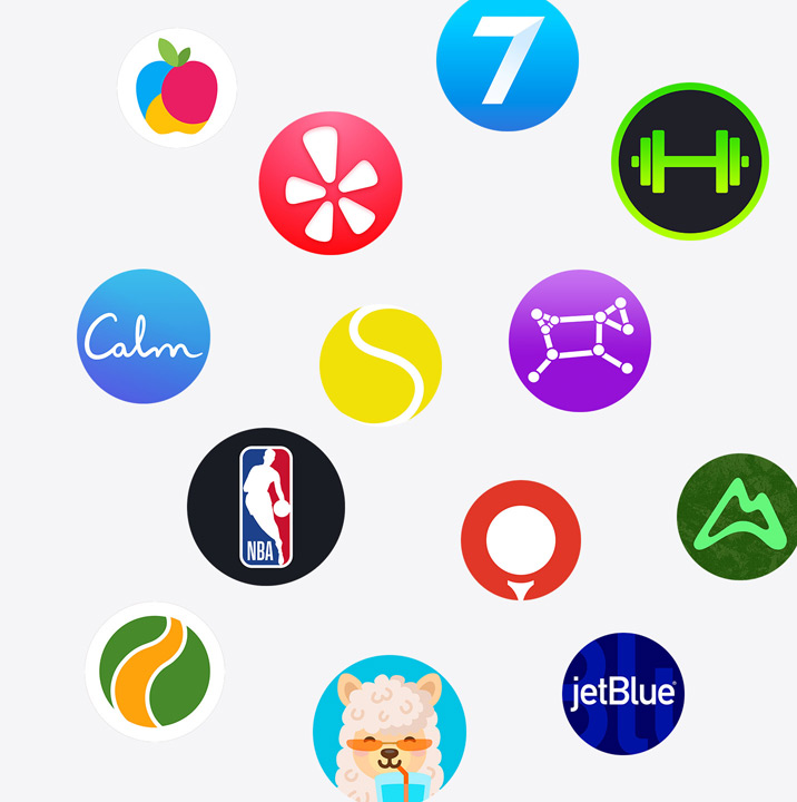 Die Apple Watch App Symbole aus dem App Store. ChargePoint, Yelp, Nike Run Club, SmartGym, Calm, NBA, SwingVision, Oceanic+, WeChat, Wasser trinken Erinnerung Lama, Golfshot, JetBlue und AllTrails