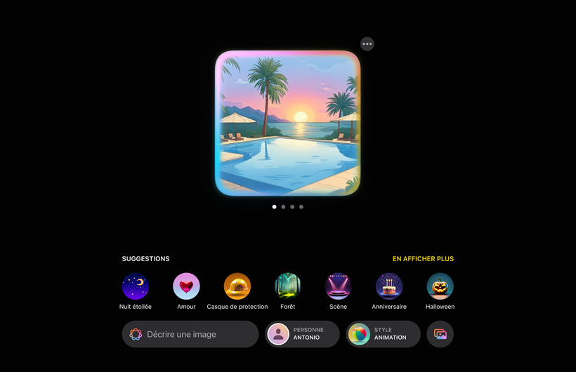 Interface de l’expérience Image Playground montrant une piscine dans un paysage tropical avec un coucher de soleil en arrière-plan et des suggestions pour ajouter d’autres éléments à l’image.