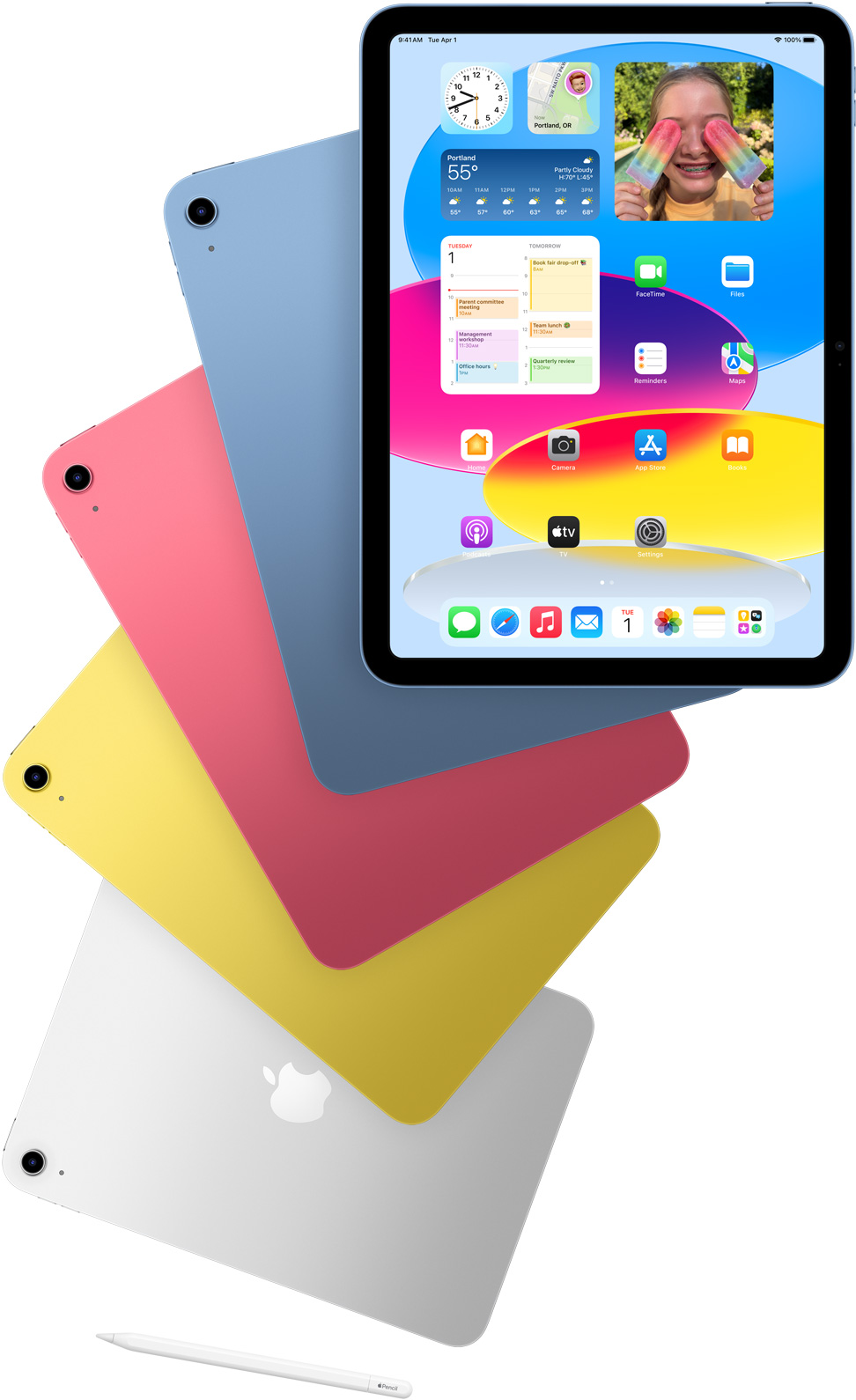 Μπροστινή όψη ενός iPad με την οθόνη Αφετηρίας και άλλα iPad πίσω του με πλάτη σε Μπλε, Ροζ, Κίτρινο και Ασημί χρώμα. Ένα Apple Pencil δίπλα σε τακτοποιημένα μοντέλα iPad.