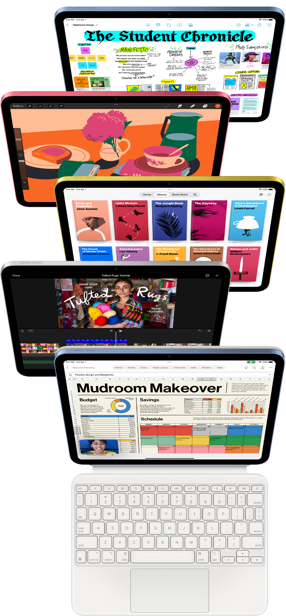 Beberapa layar iPad yang menghadap ke depan menampilkan berbagai aplikasi, termasuk Freeform, ProCreate, Apple Books, iMovie, dan Excel dengan Webex Meetings.