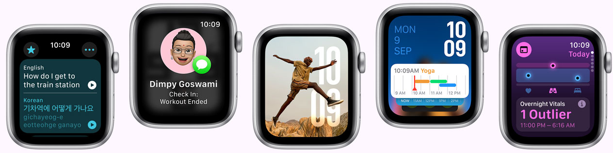 Multiple Apple Watch devices showing various watch face options