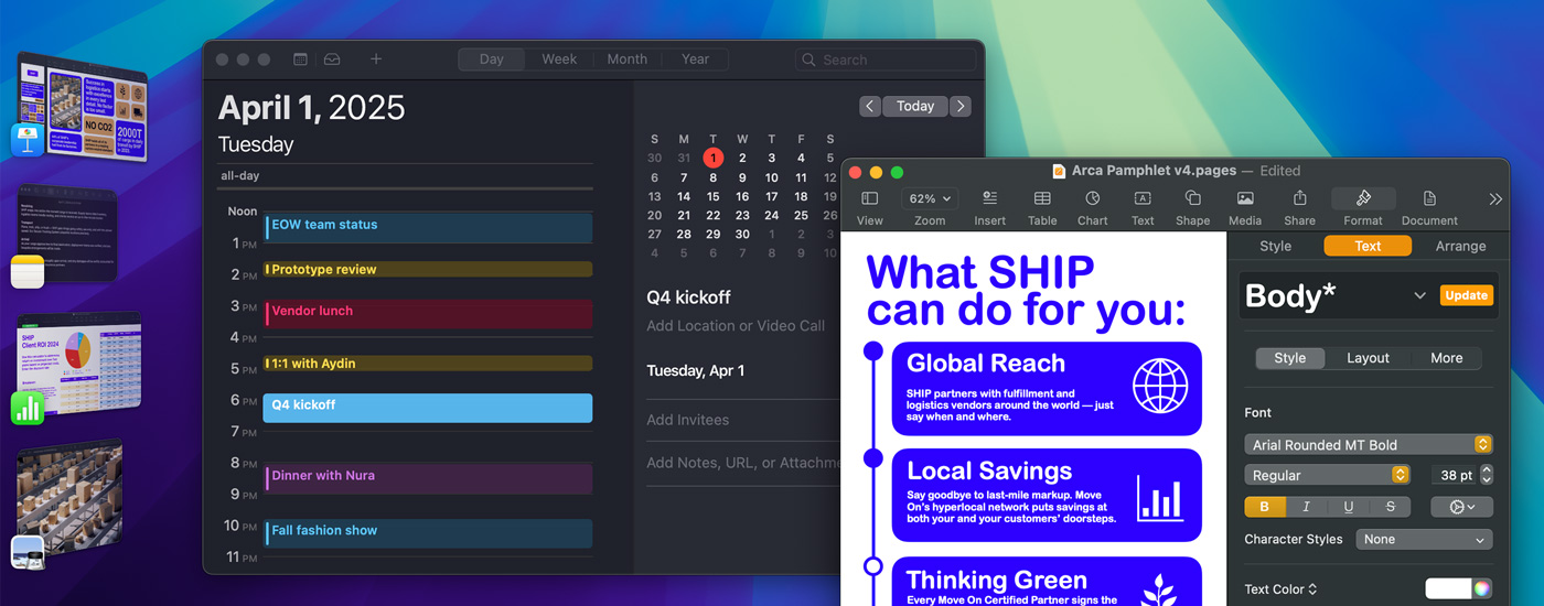 Multiple apps open on a screen including Calendar and Pages. On the left side are various other iOS apps.