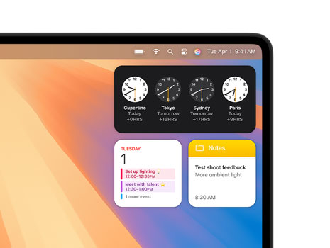 Various widgets on a Mac desktop, including Clock, Calendar, Notes and Weather.