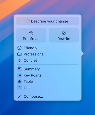 Mac desktop with an email draft featuring an Apple Intelligence prompt.