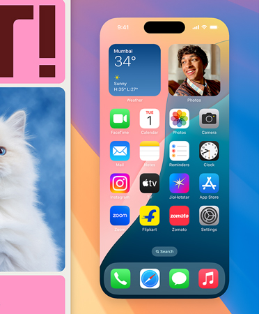 A MacBook desktop shows a full-size iPhone screen with various widgets. A browser window on the left displays a colourful background.