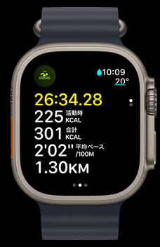 オープンウォータースイミングの時間、カロリー、ペースを表示しているApple Watch Ultra 2