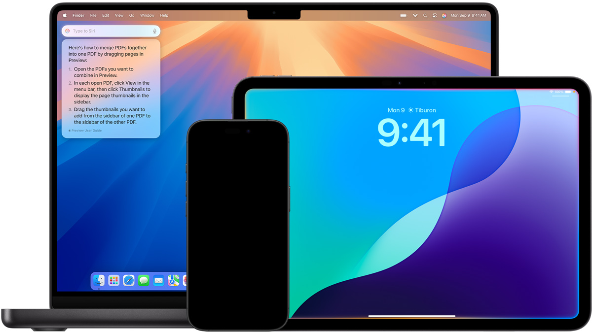 Mac, iPad i iPhone pokazane z nowymi funkcjami Siri obsługiwanymi przez Apple Intelligence