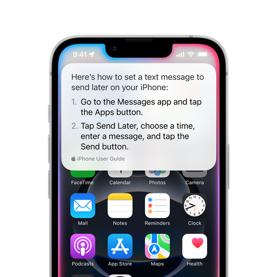 iPhone 16e afișează un text pop-up de la Siri cu instrucțiuni despre cum să setezi un mesaj text pentru a-l trimite mai târziu.