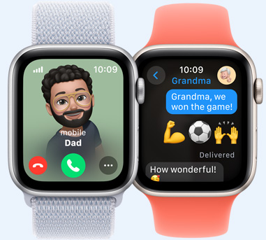 Two Apple Watch models. One with a picture of Dad calling. The other with a text to Grandma that says “Grandma, we won the game”.