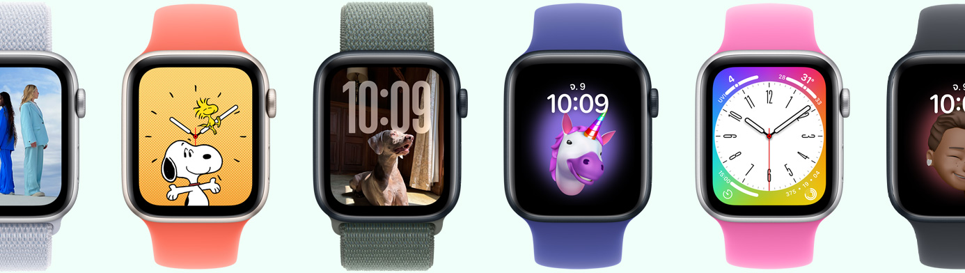 Apple Watch หลายเรือน แสดงตัวเลือกหน้าปัดนาฬิกาหลากหลายแบบ