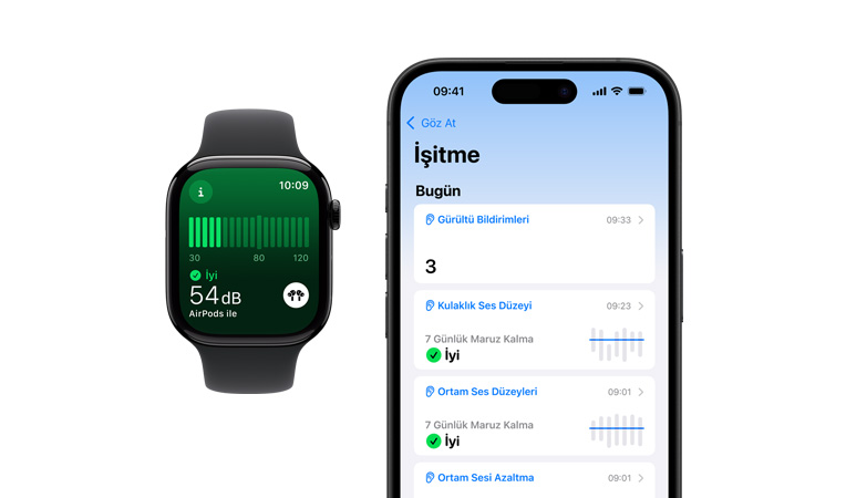 Siyah Spor kordonlu Apple Watch Series 10’un Kullanıcı Arayüzünde gürültü ölçümü görülüyor, yanında duran iPhone 16’nın Kullanıcı Arayüzünde ise İşitme, Ortam Ses Düzeyleri ve Ortam yazdığı görülüyor