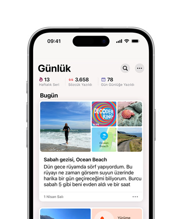 Önden görünen iPhone 16’nın ekranında Günlük uygulaması görülüyor