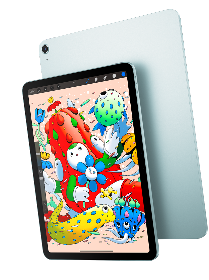 Ön dış yüzey, ekranında Procreate uygulaması görülen 11 inç iPad Air modeli mavi renkli bir iPad Air’in arka dış yüzeyinin üzerinde duruyor
