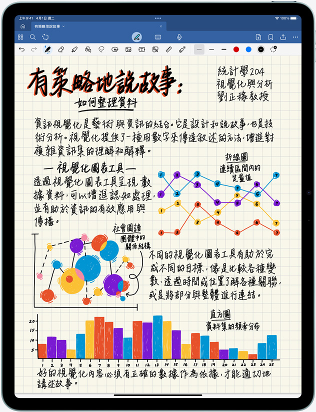 直向放置的 iPad Air 螢幕展⽰手寫筆記和圖表