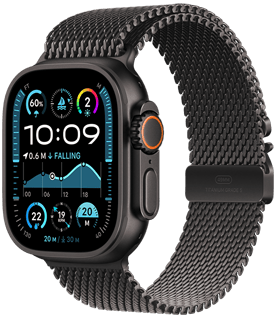 Apple Watch Ultra 2 в чорному титановому корпусі з міланським сітчастим браслетом кольору «чорний титан».