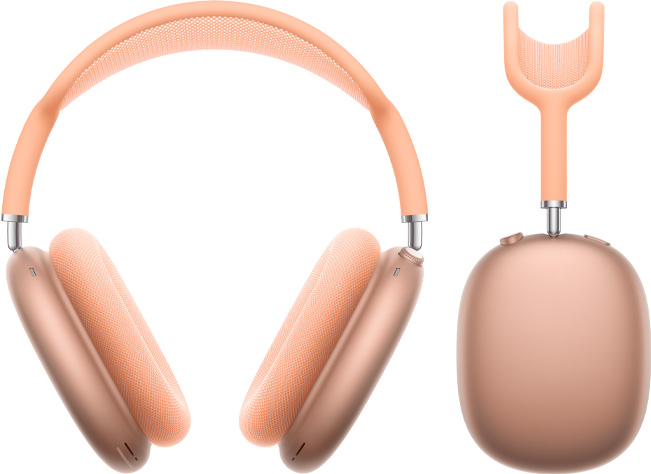 AirPods Max Oranye difoto dari depan dan dari samping