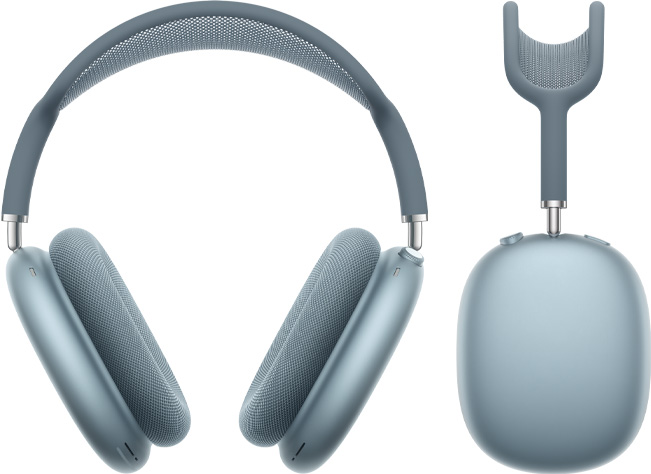 Vista frontal y lateral de unos AirPods Max azules