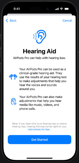 The Hearing Aid introduction screen