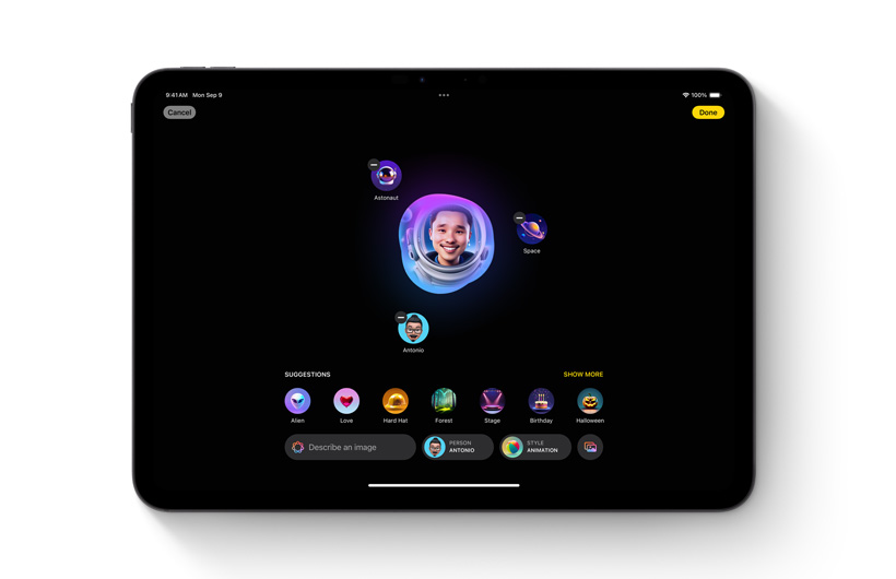 Aplikace Image Playground zobrazená na iPadu. Vlastní obrázek uprostřed je obklopený různými nápady a klíčovými slovy, které byly použity k jeho vytvoření.