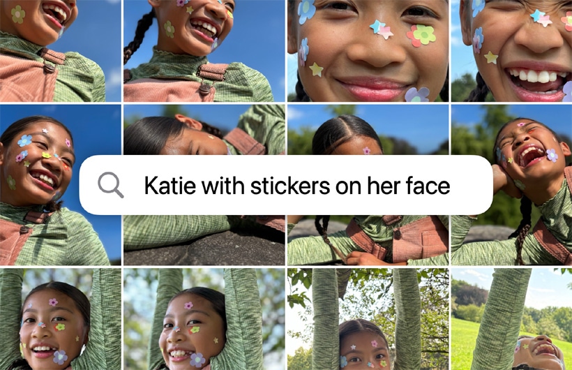 Mřížka fotek založených na hledání Katie with stickers on her face