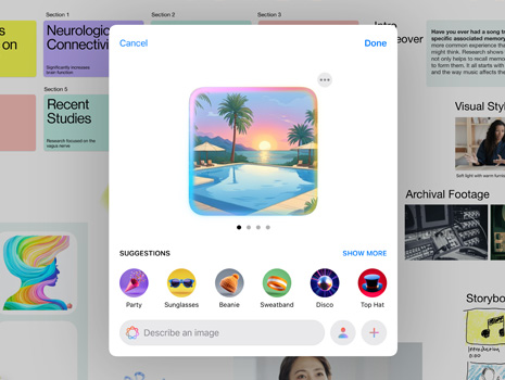 Interfaz de usuario de Image Playground que muestra una piscina con palmeras durante un colorido atardecer y sugerencias para agregar más elementos a la imagen.