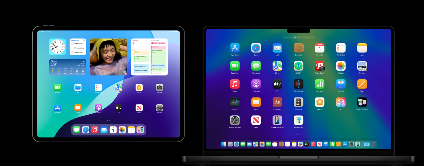 iPad et Mac affichant diverses icônes d’applications. iPad affiche plusieurs widgets, dont Calendrier, Météo et Photos.