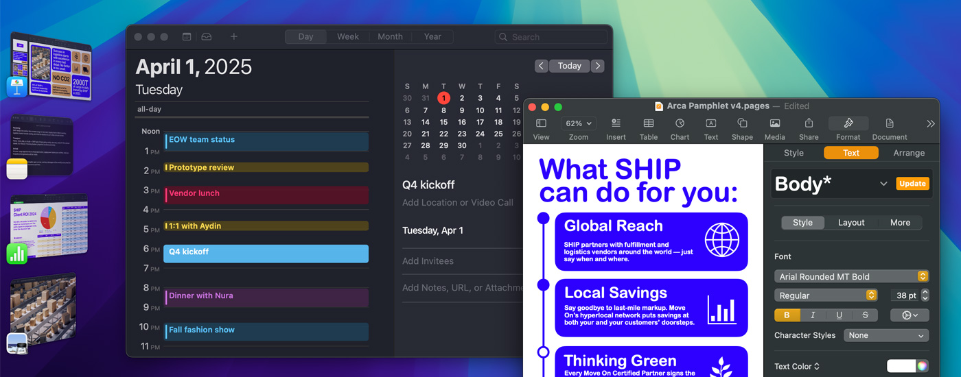 Una pantalla con varias apps abiertas, como Calendario y Pages. En el lado izquierdo hay otras apps de iOS.