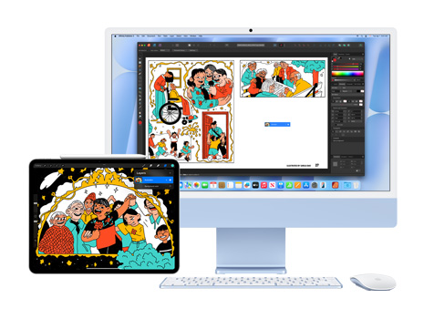 iPad et iMac affichant une illustration amusante aux couleurs vives. Sur iMac, l’illustration s’affiche dans une application de création.