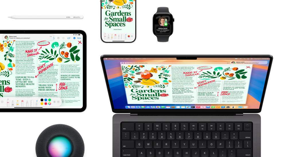 Le même contenu affiché sur un iPad, un iPhone, une Apple Watch et un Mac.