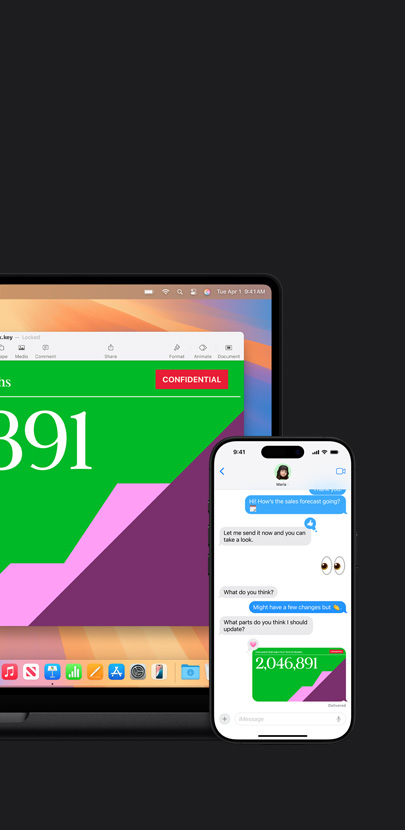 Devant un Mac affichant une présentation, un iPhone montre un échange de textos et une présentation partagée.
