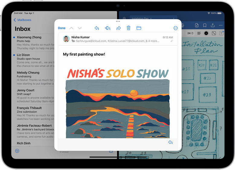 Mail en GoodNotes naast elkaar op een iPad. In een apart venster is een mailtje geopend.