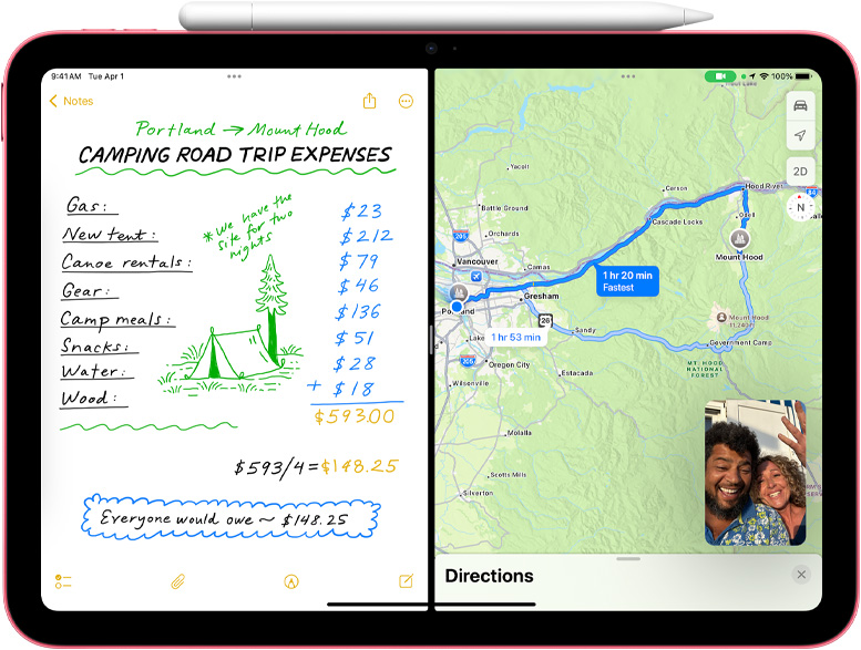 Wiskundenotitie in Kaarten en FaceTime in beeld-in-beeld-weergave op een iPad.