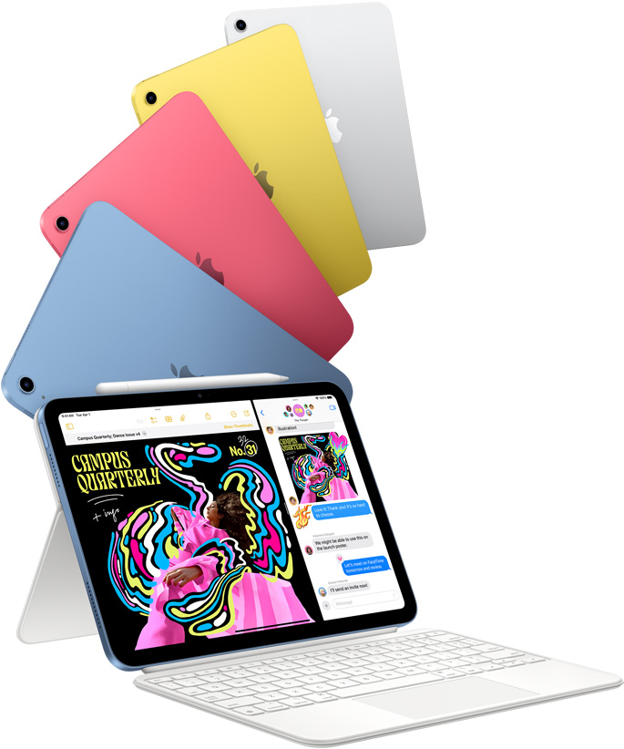 iPad in blauw, roze, geel en zilver en één iPad waaraan een Magic Keyboard Folio is vastgeklikt.
