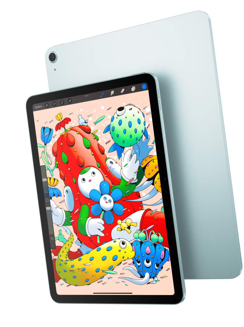 Vooraanzicht van een 11-inch iPad met Procreate op het scherm die de achterkant van een blauwe iPad Air deels overlapt