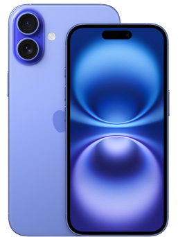 Avant d’un iPhone 16 en outremer et vue partielle du dos d’un iPhone 16 Plus montrant la caméra.