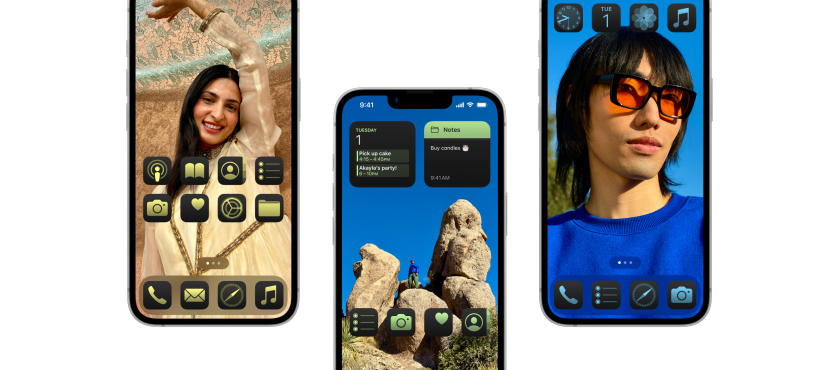 Kolme erineva kohandatud avakuvaga iPhone 16e osaline vaade.