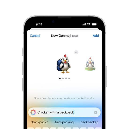 iPhone 16e ekraan näitamas Genmoji loomist.