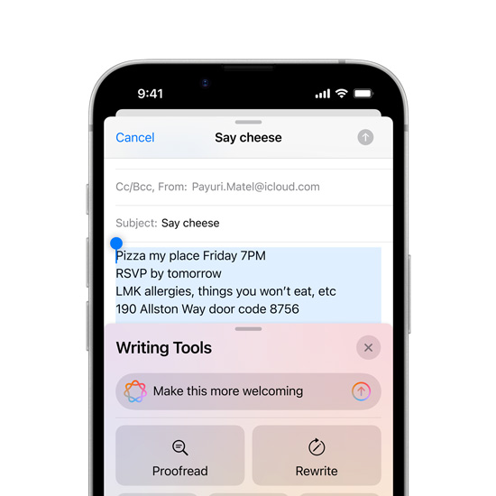 Osaline vaade Phone 16e ekraanile näitamas Apple Intelligence'i Writing Tools võimeid.